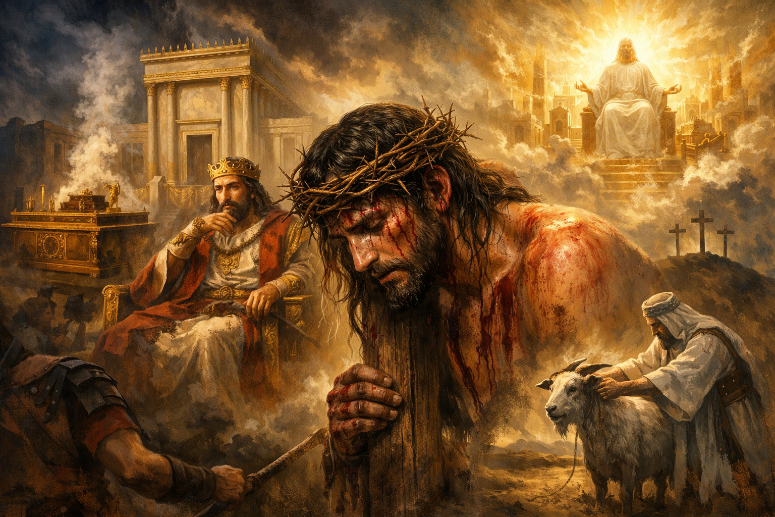 Symbolic depiction of Christ enthroned in radiant glory above a scapegoat led into the wilderness, representing sin transferred and carried away.